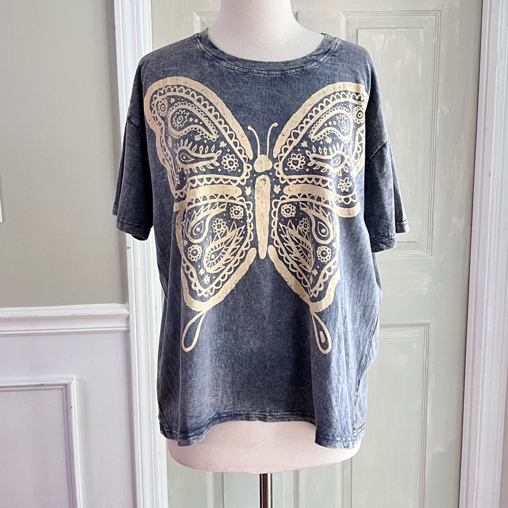 Earthbound Butterfly T-Shirt S Womens Oversized Acid Wash Blue Boho Hippie Tee